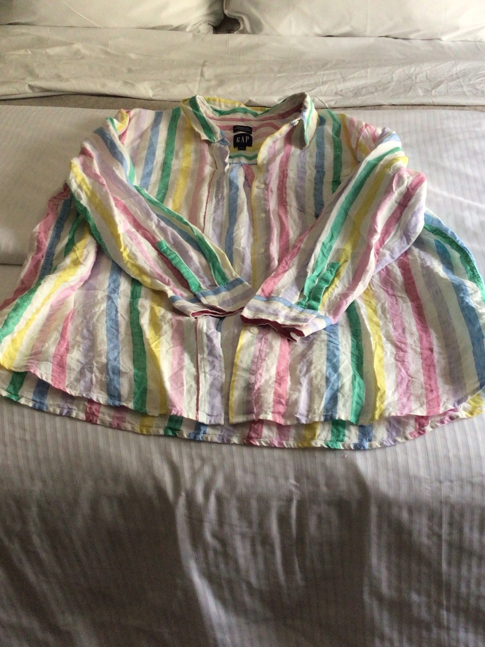 GAP Linen Pastel Vertical Stripe Button-Down Shirt - Pink, Blue, Green, Yellow